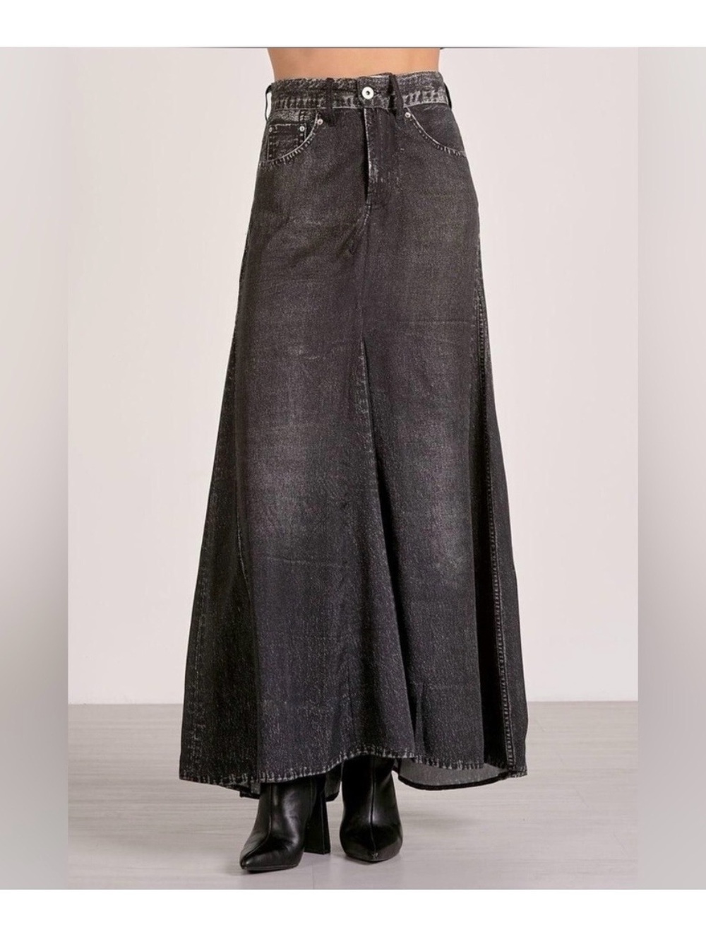 Elan Jessa Black Faux Denim Acid Wash Look Tencel Maxi Skirt Medium Gray Boho